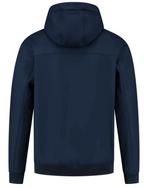 Achterkant van de blauwe Softshell bomberjas met capuchon van OWN LANE