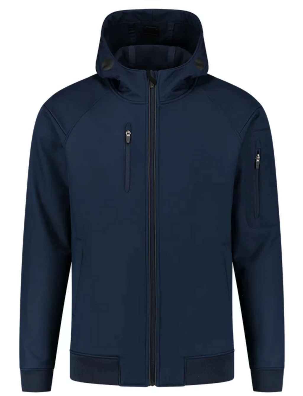 Voorkant van de blauwe Softshell bomberjas met capuchon van OWN LANE.