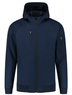Voorkant van de blauwe Softshell bomberjas met capuchon van OWN LANE.