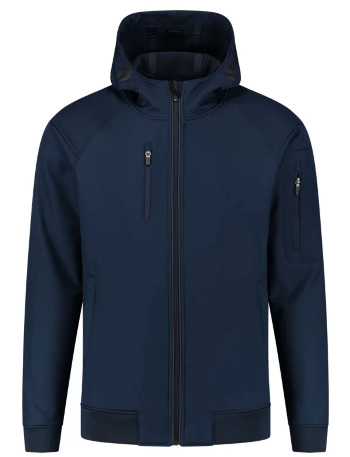 Voorkant van de blauwe Softshell bomberjas met capuchon van OWN LANE.