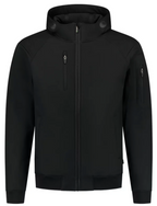 Voorkant van de Zwarte Softshell bomberjas met capuchon