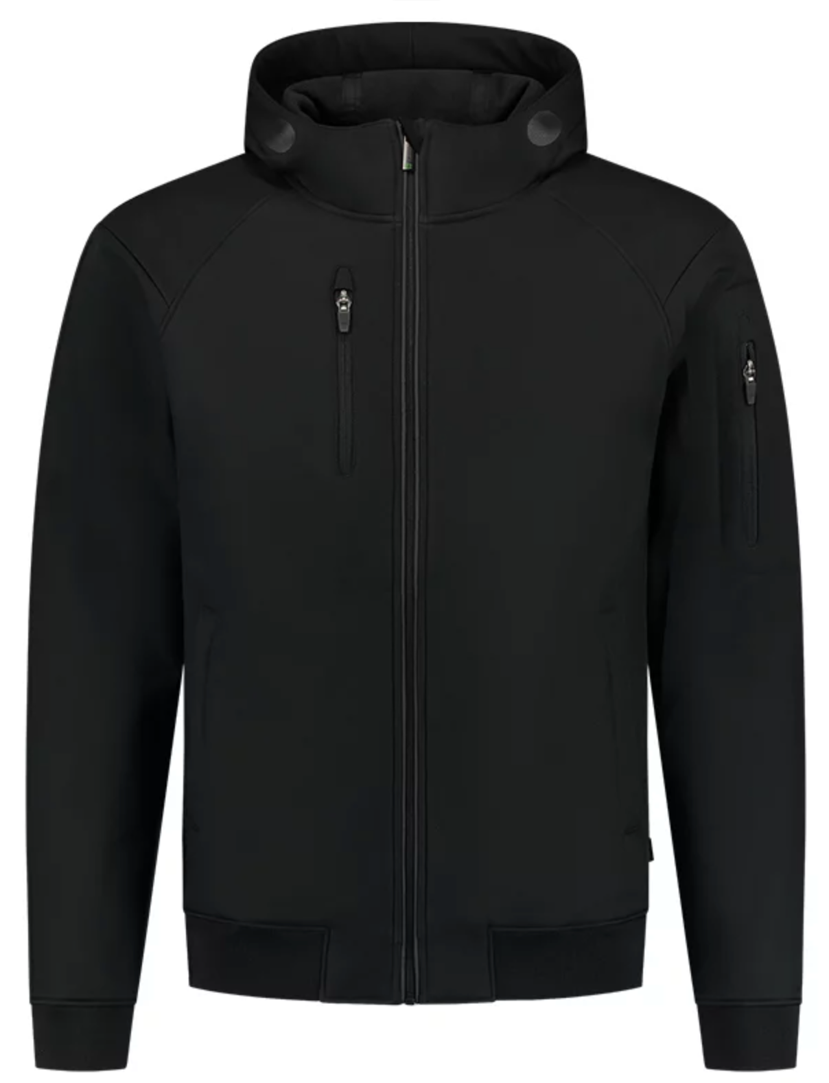 Voorkant van de Zwarte Softshell bomberjas met capuchon